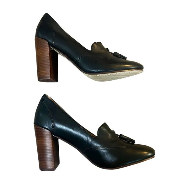 Lands End Stowe High Heel Tassle Shoes Black Leather Pumps Block Heel Womens 9.5 - Picture 6 of 9